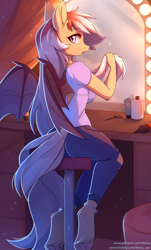 Size: 1812x3000 | Tagged: safe, artist:fensu-san, imported from derpibooru, oc, oc only, oc:silver veil, anthro, bat pony, unguligrade anthro, anklet, anthro oc, bat pony oc, bracelet, clothes, female, hair dye, high res, jewelry, long hair, mare, mirror, solo, unshorn fetlocks, wings