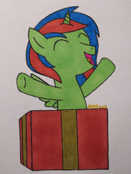 Size: 3456x4608 | Tagged: safe, artist:awgear, imported from derpibooru, oc, oc only, oc:christian clefnote, alicorn, pony, alicorn oc, birthday, green coat, happy, present, solo, traditional art