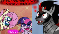 Size: 980x580 | Tagged: safe, edit, edited screencap, imported from derpibooru, screencap, fluttershy, king sombra, twilight sparkle, alicorn, pony, my little pony: pony life, cute, evil, female, g4, g4.5, mare, scared, sombradorable, twilight sparkle (alicorn)
