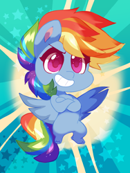 Size: 3000x4000 | Tagged: safe, artist:hiccupsdoesart, deleted from derpibooru, imported from derpibooru, rainbow dash, pegasus, pony, my little pony: pony life, bean mouth, chibi, crossed legs, female, grin, grinning potato, mare, smiling, spread wings, that was fast, wings