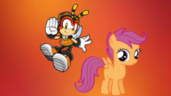 Size: 2560x1440 | Tagged: safe, artist:brandonale, imported from derpibooru, scootaloo, charmy bee, crossover, sonic the hedgehog (series)