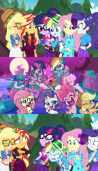 Size: 1617x2808 | Tagged: safe, edit, editor:sonic ranger, imported from derpibooru, applejack, fluttershy, pinkie pie, rainbow dash, rarity, sci-twi, sunset shimmer, twilight sparkle, alicorn, earth pony, pegasus, pony, unicorn, equestria girls, festival filters, my little pony: pony life, spoiler:eqg series (season 2), applejack's hat, cowboy hat, disgusted, female, flying, g4.5, geode of empathy, geode of fauna, geode of shielding, geode of telekinesis, glasses, hat, magical geodes, mane six, mare, pony life drama, twilight sparkle (alicorn)