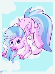 Size: 1024x1367 | Tagged: safe, artist:theartistsora, imported from derpibooru, silverstream, classical hippogriff, hippogriff, cloud, cute, diastreamies, female, looking at you, solo, straddling