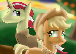 Size: 6512x4608 | Tagged: safe, artist:mr100dragon100, imported from derpibooru, applejack, flim, earth pony, pony, unicorn, the last problem, apple orchard, applejack's hat, clothes, cowboy hat, derail in the comments, faded background, female, flimjack, granny smith's scarf, granny smith's shawl, graveyard of comments, hair bun, hat, headcanon in the description, male, older applejack, orchard, shipping, straight, sunset