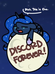 Size: 800x1067 | Tagged: safe, artist:flutterluv, imported from derpibooru, princess luna, alicorn, pony, series:flutterluv's full moon, chibi, dialogue, female, graffiti, implied discord, luna is not amused, mare, meh, moon, solo, speech bubble, tangible heavenly object, this is fine