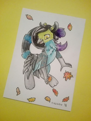 Size: 957x1271 | Tagged: safe, artist:hirundoarvensis, imported from derpibooru, oc, oc only, oc:lempi, griffon, art trade, autumn, cat tail, leaves, ponified, solo, talons, traditional art, watercolor painting, wings, wings on hips