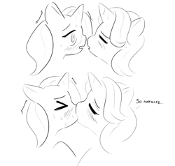 Size: 1445x1373 | Tagged: safe, artist:burgeroise, imported from derpibooru, starlight glimmer, trixie, pony, unicorn, awkward, blushing, dialogue, duo, eyes closed, female, kiss on the lips, kissing, lesbian, mare, monochrome, shipping, sketch, startrix, sweat