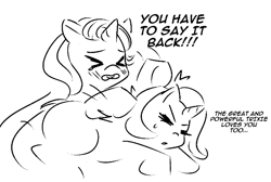 Size: 659x443 | Tagged: safe, artist:burgeroise, imported from derpibooru, part of a set, starlight glimmer, trixie, pony, unicorn, cute, dialogue, female, lesbian, monochrome, shipping, startrix