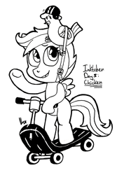 Size: 1280x1808 | Tagged: safe, artist:lillovingsoul, imported from derpibooru, scootaloo, bird, chicken, inktober, pen drawing, scooter, traditional art