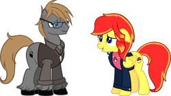 Size: 2000x1125 | Tagged: safe, artist:theeditormlp, imported from derpibooru, oc, oc:jessica pedley, oc:the editor, pegasus, pony, clothes, female, floppy ears, jacket, male, mare, shirt, stallion, vest