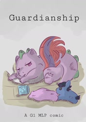 Size: 1000x1414 | Tagged: safe, artist:milkyguro, imported from derpibooru, moondancer (g1), spike (g1), classical unicorn, dragon, unicorn, behaving like a cat, cover art, cute, leonine tail, lying down, plushie, spikabetes, text