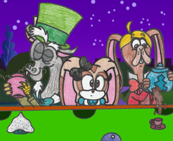 Size: 2019x1642 | Tagged: safe, artist:drquack64, imported from derpibooru, discord, alice, alice in wonderland, broodals, cream the rabbit, crossover, mad hatter, march hare, rango, sonic the hedgehog (series), super mario bros., super mario odyssey