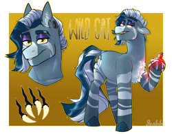 Size: 5000x3907 | Tagged: safe, artist:jeshh, imported from derpibooru, oc, oc only, oc:wild cat, hybrid, pony, zebra, zebroid, zony, absurd resolution, bottle, interspecies offspring, magical lesbian spawn, offspring, parent:doctor fauna, parent:zecora, reference sheet, solo