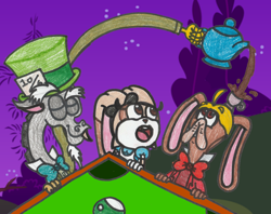 Size: 1936x1537 | Tagged: safe, artist:drquack64, imported from derpibooru, discord, alice, alice in wonderland, broodals, cream the rabbit, crossover, mad hatter, march hare, rango, sonic the hedgehog (series), super mario bros., super mario odyssey