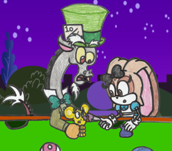 Size: 1700x1497 | Tagged: safe, artist:drquack64, imported from derpibooru, discord, alice, alice in wonderland, cream the rabbit, crossover, diddy kong racing, donkey kong (series), donkey kong series, mad hatter, pipsy the mouse, sonic the hedgehog (series)