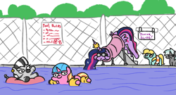 Size: 2013x1091 | Tagged: safe, artist:jargon scott, imported from derpibooru, luster dawn, twilight sparkle, oc, oc:zizzie, alicorn, pony, unicorn, zebra, the last problem, angry, floaty, lustie, older, older twilight, princess twilight 2.0, sneak 100, stuck, subtle as a train wreck, swimming pool, the ass is monstrously oversized for tight entrance, twibutt, twiggie, twiggie 2.0, twilight has a big ass, twilight sparkle (alicorn), water slide, water wings