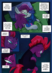 Size: 2480x3508 | Tagged: safe, artist:dsana, imported from derpibooru, fizzlepop berrytwist, tempest shadow, oc, oc:lullaby dusk, oc:thistledown, earth pony, pegasus, pony, unicorn, comic:a storm's lullaby, broken horn, comic, depressing, eye scar, horn, night, sad, scar, sleeping, sleeping together, tsundere, tsundere shadow