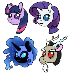 Size: 810x842 | Tagged: safe, artist:dragonademetal, imported from derpibooru, discord, nightmare moon, rarity, twilight sparkle, alicorn, draconequus, pony, unicorn, cute, discute, group, head, moonabetes, raribetes, simple background, tiny, tiny ponies, transparent background, twiabetes