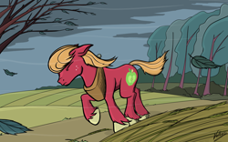 Size: 1508x942 | Tagged: safe, artist:sirvalter, imported from derpibooru, big macintosh, earth pony, pony, leaves, male, solo, stallion, tree, wind