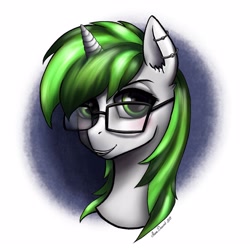 Size: 3000x3000 | Tagged: safe, artist:shanadessaint, imported from derpibooru, oc, oc only, oc:greenish fury, pony, unicorn, bust, commission, cute, glasses, green, greeneyes, greenishfury, male, piercing, portrait, solo