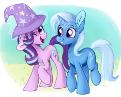 Size: 1024x820 | Tagged: safe, artist:lupispone, imported from derpibooru, starlight glimmer, trixie, pony, unicorn, accessory swap, clothes, duo, duo female, female, glowing horn, hat, horn, mare, one eye closed, smiling, trixie's hat