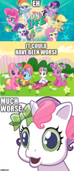 Size: 500x1161 | Tagged: safe, edit, edited screencap, imported from derpibooru, screencap, applejack, cheerilee (g3), fluttershy, gummy, pinkie pie, pinkie pie (g3), rainbow dash, rarity, spike, sweetie belle (g3), toola roola, twilight sparkle, alicorn, alligator, earth pony, pegasus, pony, unicorn, my little pony: pony life, over two rainbows, baby, caption, drama, g3.75, g4.5, imgflip, infant, meme, newborn cuties, op has a point, pony life drama, twilight sparkle (alicorn)