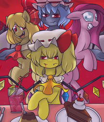 Size: 1024x1199 | Tagged: safe, artist:artsygum, artist:reneesdetermination, imported from derpibooru, pinkie pie, bat pony, pony, vampire, crossover, flandre scarlet, pinkamena diane pie, ponified, remilia scarlet, rumia, touhou