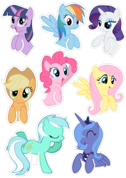 Size: 2067x2923 | Tagged: safe, artist:oceanbreezebrony, imported from derpibooru, applejack, fluttershy, lyra heartstrings, pinkie pie, princess luna, rainbow dash, rarity, twilight sparkle, pony, mane six, s1 luna, show accurate, simple background, sticker, transparent background