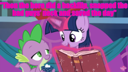 Size: 624x351 | Tagged: safe, edit, edited screencap, imported from derpibooru, screencap, spike, twilight sparkle, alicorn, a hearth's warming tail, book, caption, cropped, ryan george, text, twilight sparkle (alicorn)