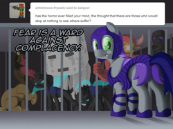 Size: 1067x800 | Tagged: safe, artist:crispokefan, imported from derpibooru, oc, oc:pun, changeling, earth pony, enderman, minotaur, pony, ask pun, agent 707, armor, ask, ghast, minecraft, night guard armor