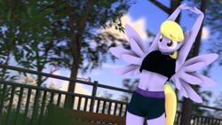 Size: 1920x1080 | Tagged: safe, artist:spinostud, imported from derpibooru, cloud kicker, anthro, 3d, armpits, arms in the air, clothes, female, legs, park, shorts, solo, source filmmaker, stretching, thighs, tomboy