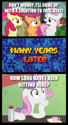 Size: 1361x2509 | Tagged: safe, edit, edited screencap, imported from derpibooru, screencap, apple bloom, scootaloo, sweetie belle, earth pony, pegasus, pony, unicorn, growing up is hard to do, the last crusade, caption, cutie mark crusaders, exploitable meme, female, filly, image macro, meme, question, sudden clarity sweetie belle, text