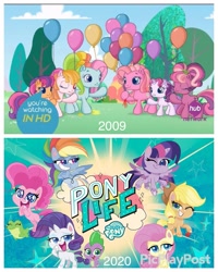 Size: 819x1024 | Tagged: safe, edit, edited screencap, imported from derpibooru, screencap, applejack, cheerilee (g3), fluttershy, pinkie pie, pinkie pie (g3), rainbow dash, rainbow dash (g3), rarity, scootaloo (g3), spike, sweetie belle (g3), toola roola, twilight sparkle, alicorn, earth pony, pegasus, pony, unicorn, my little pony: pony life, comparison, g3.5, g4.5, hub logo, hub network, my little pony, the hub, twilight sparkle (alicorn)