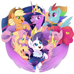 Size: 894x894 | Tagged: safe, artist:kumikoponylk, imported from derpibooru, applejack, fluttershy, li'l cheese, pinkie pie, rainbow dash, rarity, twilight sparkle, alicorn, earth pony, pegasus, pony, unicorn, the last problem, deviantart watermark, end of ponies, female, filly, mane six, mother and child, obtrusive watermark, older, older applejack, older fluttershy, older mane six, older pinkie pie, older rainbow dash, older rarity, older twilight, princess twilight 2.0, simple background, transparent background, twilight sparkle (alicorn), watermark