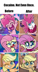 Size: 383x728 | Tagged: safe, imported from derpibooru, applejack, fluttershy, pinkie pie, earth pony, pony, my little pony: pony life, cocaine, cocaine is a hell of a drug, drugs, g4.5