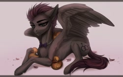 Size: 2268x1437 | Tagged: artist needed, safe, imported from derpibooru, oc, oc only, oc:gaysi, pegasus, pony, bowtie, lying down, male, petals, rubber duck, simple background, solo, spread wings, stallion, white background, wings