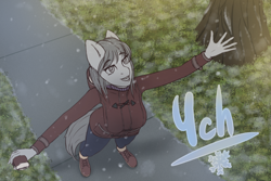 Size: 1440x960 | Tagged: safe, artist:mintjuice, imported from derpibooru, anthro, advertisement, clothes, commission, female, mare, smiling, snow, snowfall, street, your character here