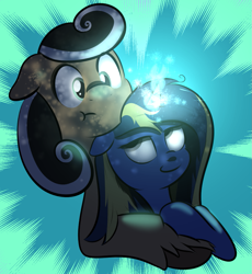 Size: 933x1014 | Tagged: safe, artist:cosmonaut, imported from derpibooru, oc, oc only, oc:flying saucer, oc:marina fae, earth pony, pony, unicorn, :t, glowing horn, horn, magic, smiling, unshorn fetlocks