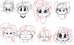 Size: 3900x2400 | Tagged: safe, artist:flufflepimp, imported from derpibooru, pony, unicorn, bedroom eyes, bust, collar, crown, eyes closed, female, floppy ears, jewelry, learning to draw, lineart, mare, regalia, simple background, sketch, sketch dump, white background