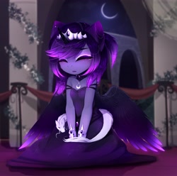 Size: 4096x4057 | Tagged: safe, artist:magnaluna, imported from derpibooru, princess luna, oc, oc only, oc:zefiroth, alicorn, anthro, dragon, eastern dragon, chinese dragon, clothes, crying, dress, eyes closed, female, high res, mare, redesign, solo