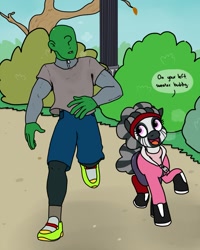 Size: 1199x1499 | Tagged: safe, artist:pony quarantine, imported from derpibooru, oc, oc only, oc:anon, oc:munyu, human, zebra, alternate hairstyle, breath, bush, clothes, dialogue, duo, hoodie, jogging, lamp post, lamppost, open mouth, shirt, shoes, shorts, sneakers, speech bubble, sweater, tree, workout