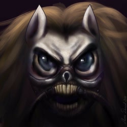 Size: 3000x3000 | Tagged: safe, artist:shanadessaint, imported from derpibooru, pony, blue eyes, close-up, dark background, fury road, head, immortan joe, mad max, mad max fury road, male, mask, ponified, respirator, stallion, teeth, uncanny valley, white