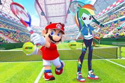 Size: 1368x913 | Tagged: safe, artist:embersatdawn, artist:gouhlsrule, artist:vg805smashbros, imported from derpibooru, rainbow dash, human, equestria girls, barely eqg related, crossover, maridash, mario, mario tennis, mario tennis aces, nintendo, sports, super mario bros., tennis, tennis ball, tennis court, tennis racket