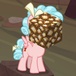 Size: 410x410 | Tagged: safe, edit, edited screencap, imported from derpibooru, screencap, cozy glow, pony, frenemies (episode), cozy glowstone, cropped, female, glowstone, minecraft, pun, solo, visual pun