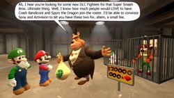 Size: 1920x1080 | Tagged: safe, artist:meltingman234, imported from derpibooru, spike, dragon, 3d, cage, captured, crash bandicoot, crash bandicoot (series), crossover, fake crash, luigi, mario, mario & luigi, moneybags, source filmmaker, spike as spyro, spyro the dragon, spyro the dragon (series), super mario bros., winged spike, wings