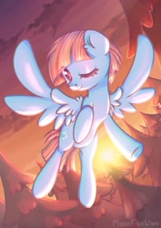 Size: 1280x1806 | Tagged: safe, artist:musicfirewind, artist:wavecipher, imported from derpibooru, windy whistles, pegasus, pony, cloud, female, flying, mare, one eye closed, solo, sunset, tree
