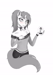 Size: 2480x3508 | Tagged: safe, artist:shanadessaint, imported from derpibooru, oc, oc only, oc:plava, anthro, unicorn, bedroom eyes, black and white, choker, clothes, grayscale, horn, mane, monochrome, ponytail, snow globe, solo, tail, wip
