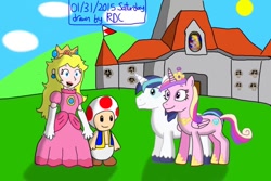 Size: 1024x682 | Tagged: safe, artist:fester1124, imported from derpibooru, princess cadance, shining armor, alicorn, pony, unicorn, crossover, princess peach, super mario bros., toad (mario bros)