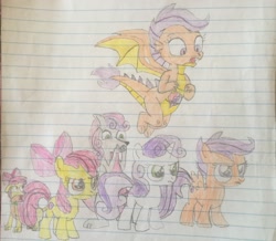 Size: 2792x2436 | Tagged: safe, artist:dupontsimon, imported from derpibooru, apple bloom, scootaloo, sweetie belle, dog, dragon, earth pony, kangaroo, pony, unicorn, fanfic:magic show of friendship, equestria girls, cutie mark crusaders, dogified, dragonified, fanfic art, lined paper, not smolder, photo, puppy bloom, scootadragon, self ponidox, species swap, sweetie roo, traditional art