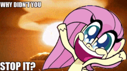 Size: 358x200 | Tagged: safe, imported from derpibooru, screencap, fluttershy, pegasus, pony, my little pony: pony life, animated, doom paul, exploitable meme, exuberant airdancer fluttershy, female, g4.5, gif, impact font, mare, meme, noodle arms, nuclear explosion, nuclear weapon, solo, unshorn fetlocks, wacky waving inflatable tube pony, weapon